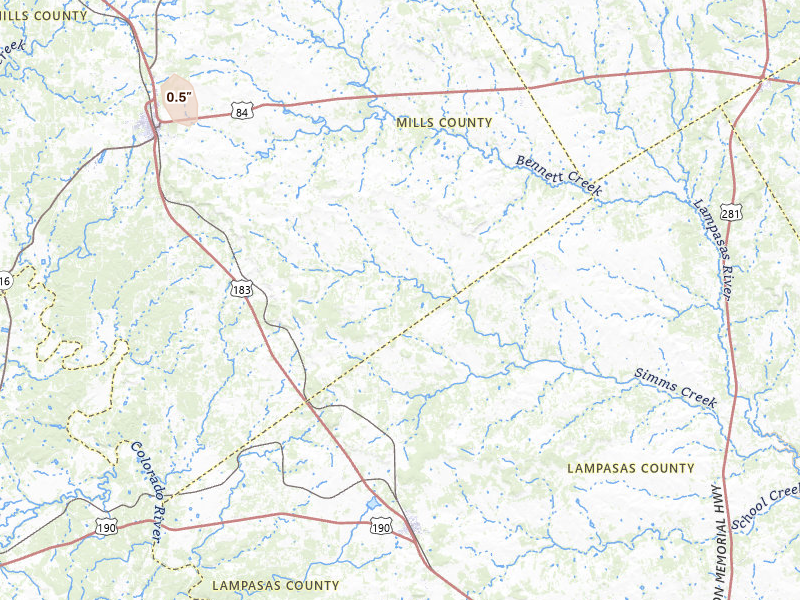 Radar-estimated hail-size map of the storm over Goldthwaite, TX on Jul 6, 2026
