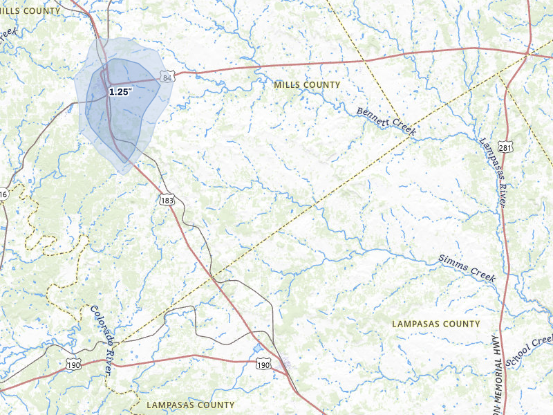 NEXRAD radar-signature map of the hail storm over Goldthwaite, TX on Jul 6, 2026