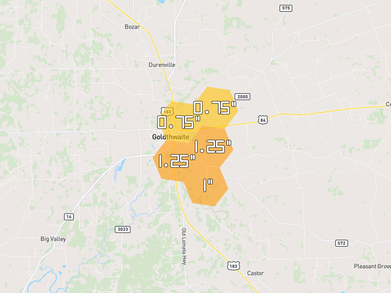 Hail map of Goldthwaite, TX on Jul 6, 2026, hail up to 1.25"