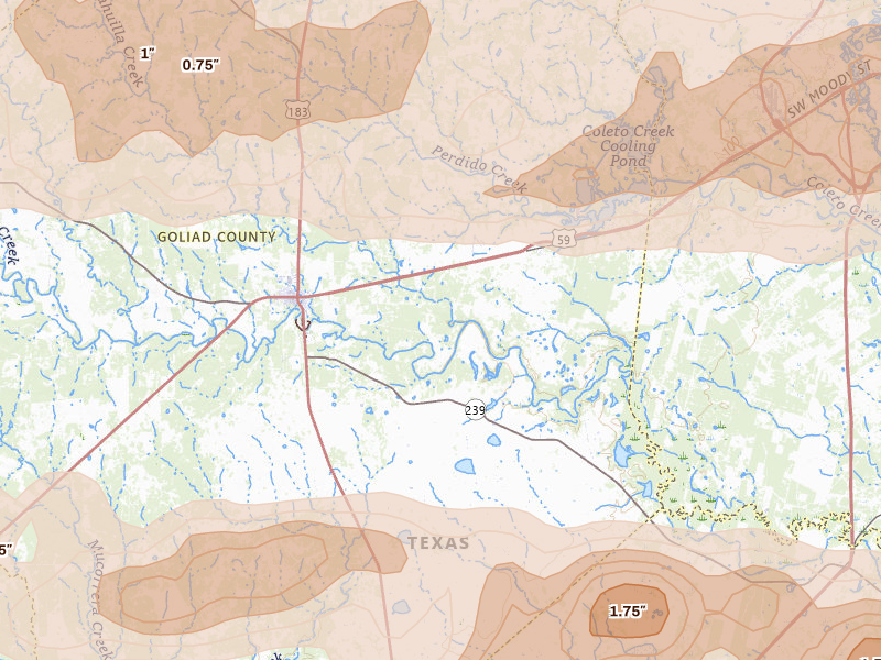 Radar-estimated hail-size map of the storm over Goliad, TX on May 1, 2026