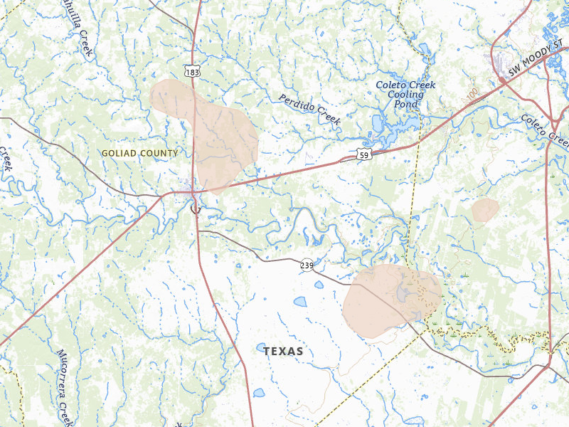 Radar-estimated hail-size map of the storm over Goliad, TX on May 26, 2026