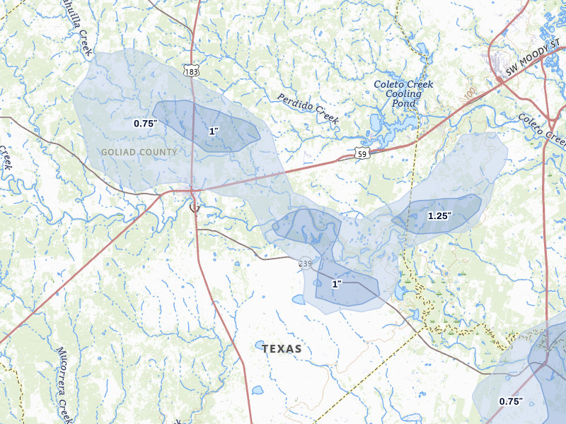 NEXRAD radar-signature map of the hail over Goliad, TX