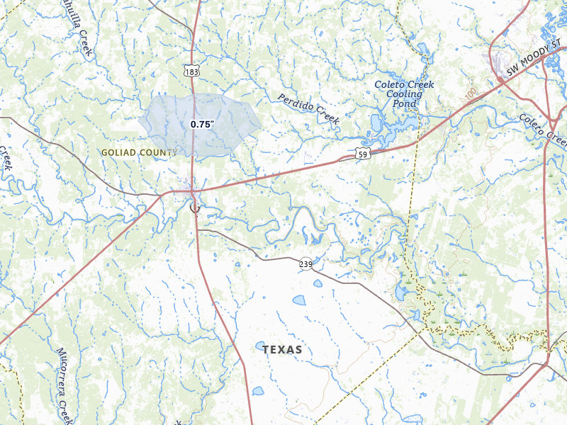 NEXRAD radar-signature map of the hail storm over Goliad, TX on Jul 7, 2026