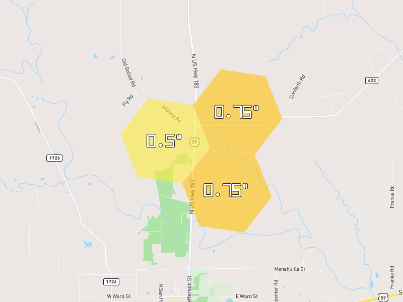Hail map of Goliad, TX on Jul 7, 2026, hail up to 0.75"