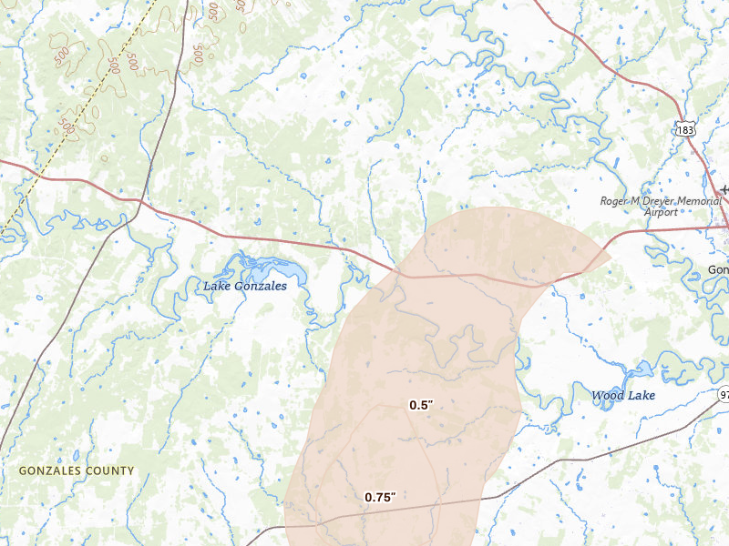 Radar-estimated hail-size map of the storm over Gonzales, TX on Apr 22, 2026