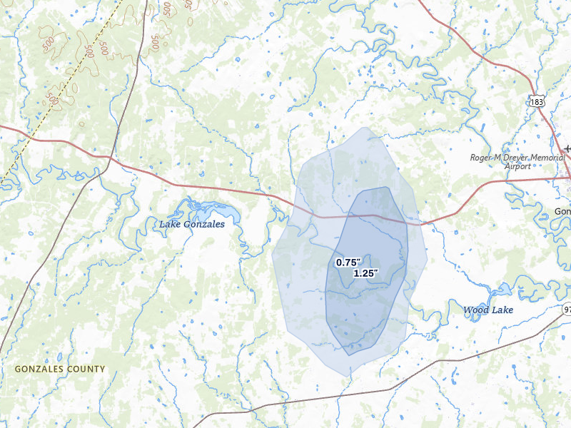 NEXRAD radar-signature map of the hail storm over Gonzales, TX on Apr 22, 2026