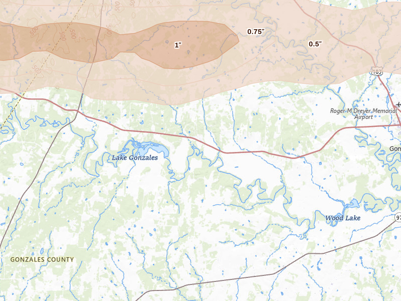 Radar-estimated hail-size map of the storm over Gonzales, TX on Apr 30, 2026