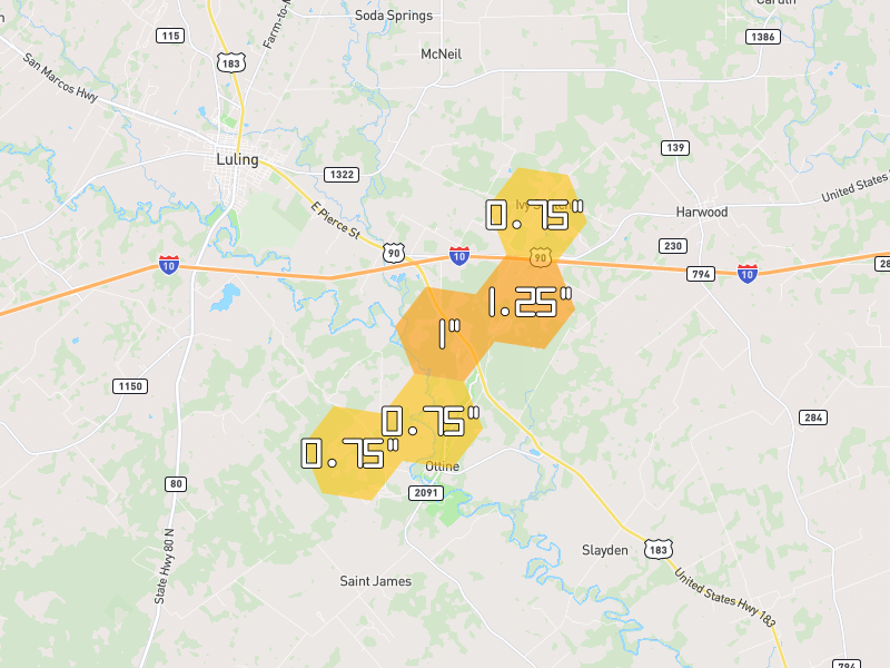 Hail map of Gonzales, TX on Jun 3, 2026, hail up to 1.25"