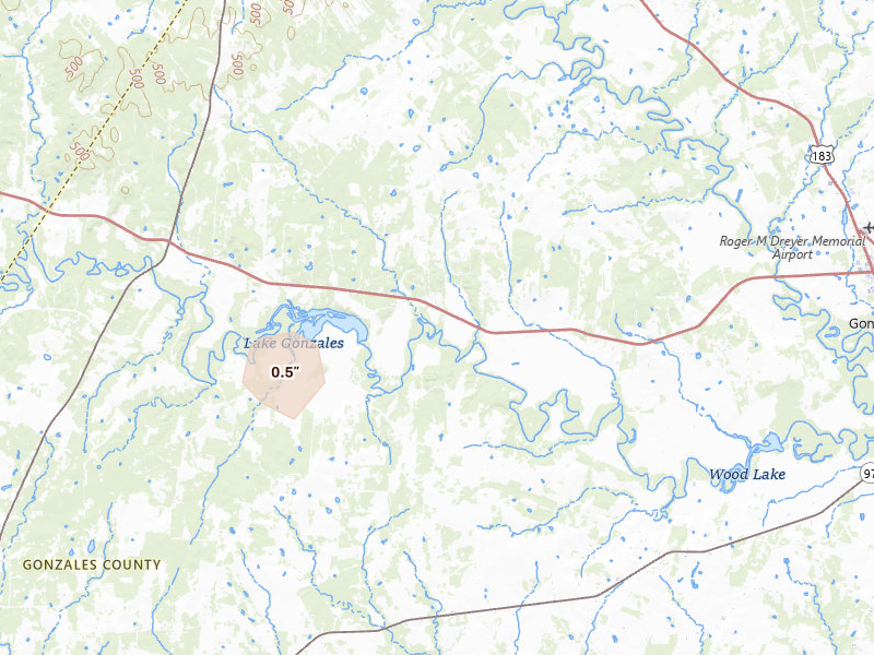 Radar-estimated hail-size map of the storm over Gonzales, TX on Jun 19, 2026