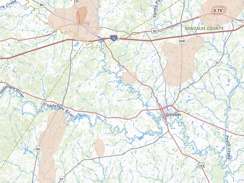 Radar-estimated hail-size map of the storm over Gonzales, TX on Aug 27, 2026