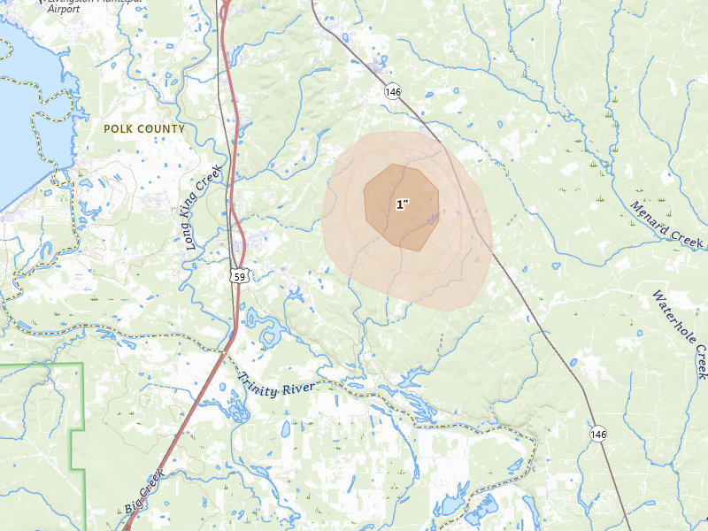 Radar-estimated hail-size map of the storm over Goodrich, TX on Aug 27, 2026