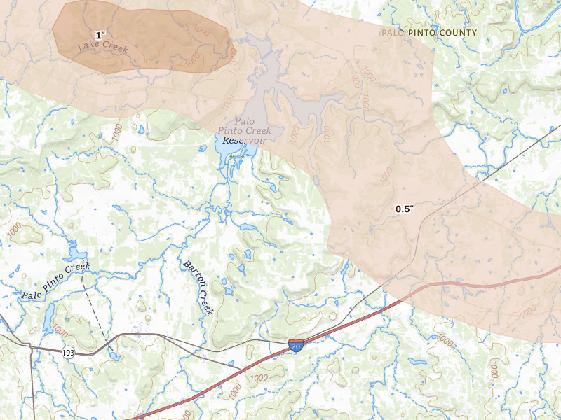 Radar-estimated hail-size map of the storm over Gordon, TX on Apr 28, 2026