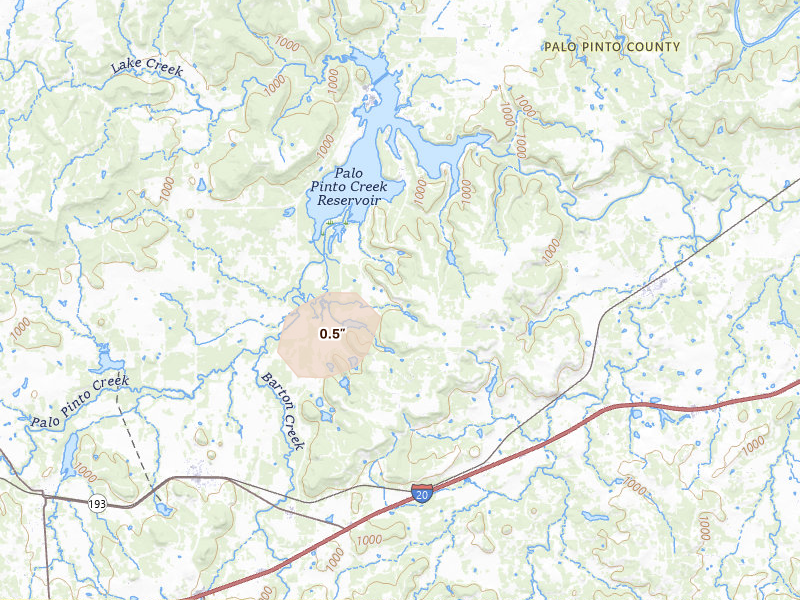 Radar-estimated hail-size map of the storm over Gordon, TX on Jun 6, 2026