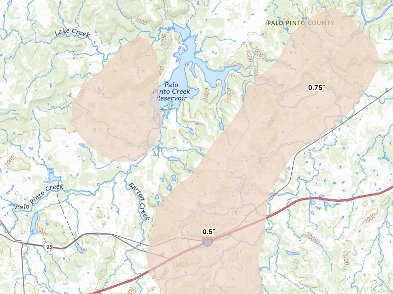 Radar-estimated hail-size map of the storm over Gordon, TX on Jun 18, 2026