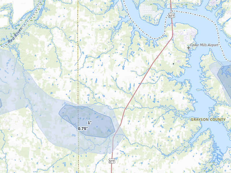 NEXRAD radar-signature map of the hail over Gordonville, TX