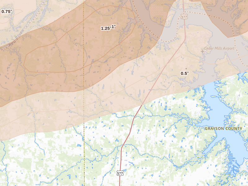 Radar-estimated hail-size map of the storm over Gordonville, TX on Apr 28, 2026