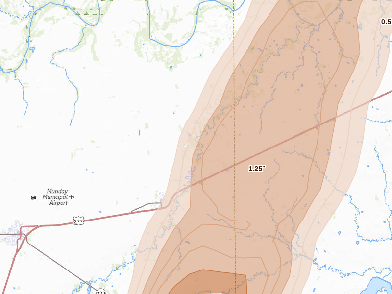 Radar-estimated hail-size map of the storm over Goree, TX on Mar 10, 2026