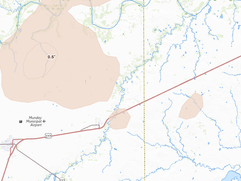 Radar-estimated hail-size map of the storm over Goree, TX on Mar 31, 2026