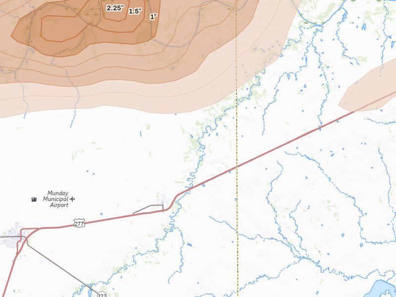 Radar-estimated hail-size map of the storm over Goree, TX on Apr 1, 2026