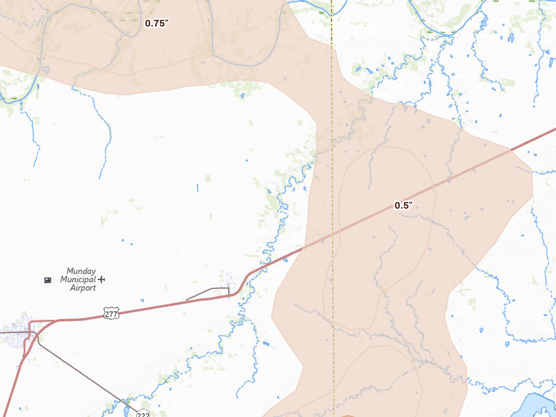 Radar-estimated hail-size map of the storm over Goree, TX on May 10, 2026