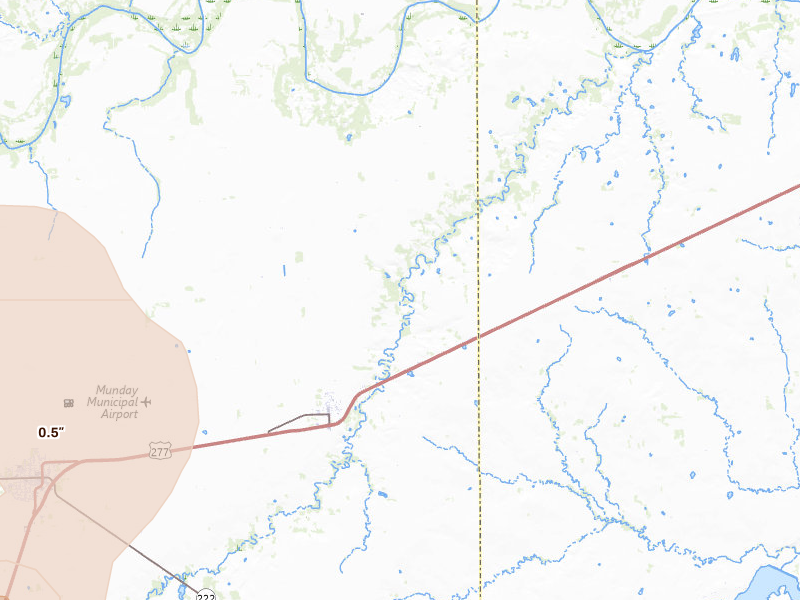 Radar-estimated hail-size map of the storm over Goree, TX on Jul 5, 2026