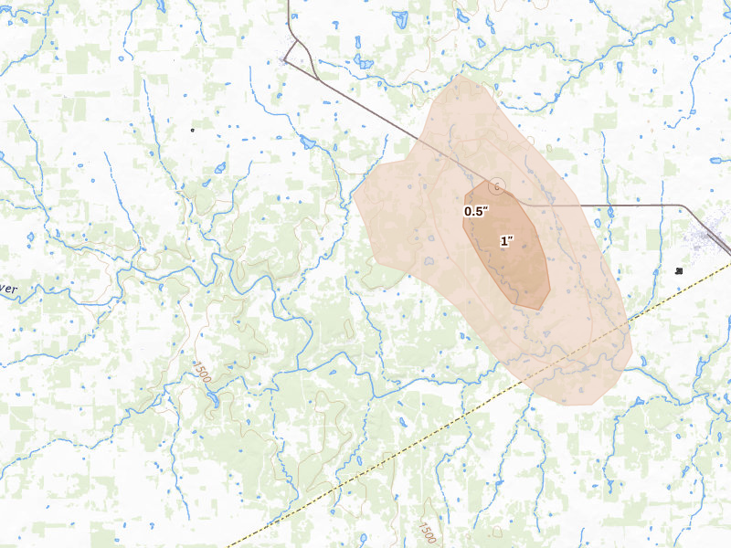 Radar-estimated hail-size map of the storm over Gorman, TX on May 28, 2026