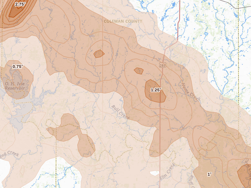 Radar-estimated hail-size map of the storm over Gouldbusk, TX on May 10, 2026