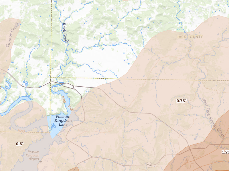 Radar-estimated hail-size map of the storm over Graford, TX on Mar 10, 2026