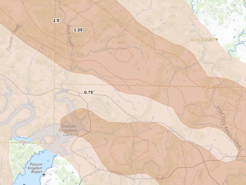 Radar-estimated hail-size map of the storm over Graford, TX on Apr 28, 2026