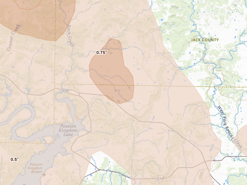 Radar-estimated hail-size map of the storm over Graford, TX on Jun 18, 2026