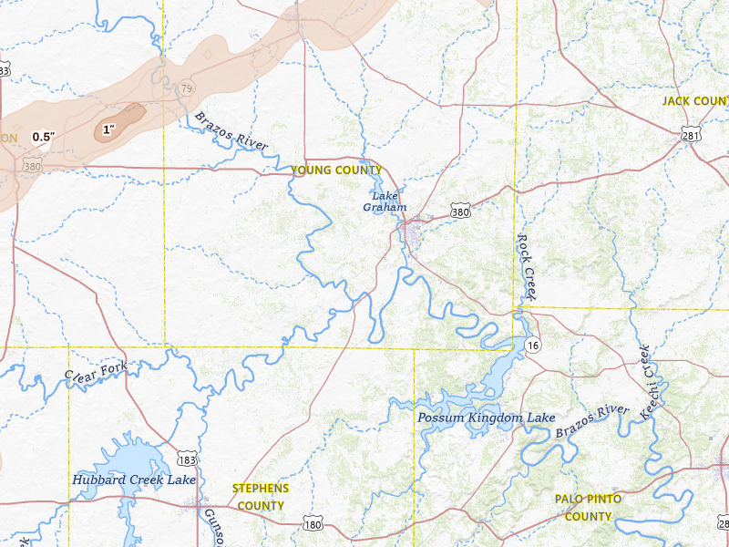 Radar-estimated hail-size map of the storm over Graham, TX on Mar 6, 2026