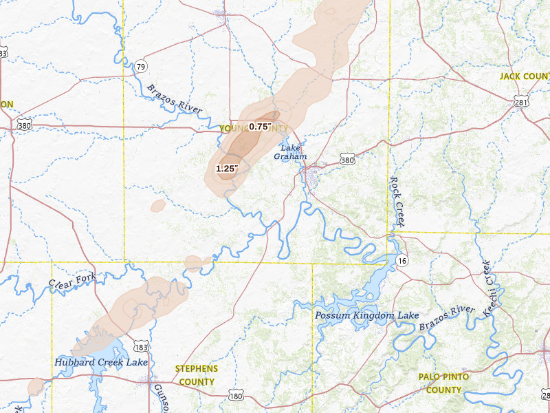 Radar-estimated hail-size map of the storm over Graham, TX on Apr 3, 2026