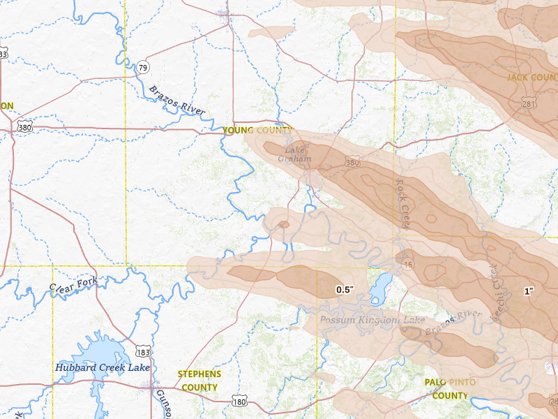 Radar-estimated hail-size map of the storm over Graham, TX on Apr 28, 2026