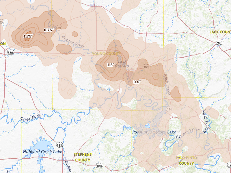 Radar-estimated hail-size map of the storm over Graham, TX on Jun 18, 2026