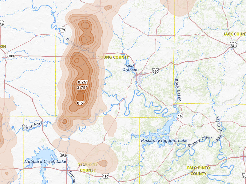 Radar-estimated hail-size map of the storm over Graham, TX on Jul 5, 2026