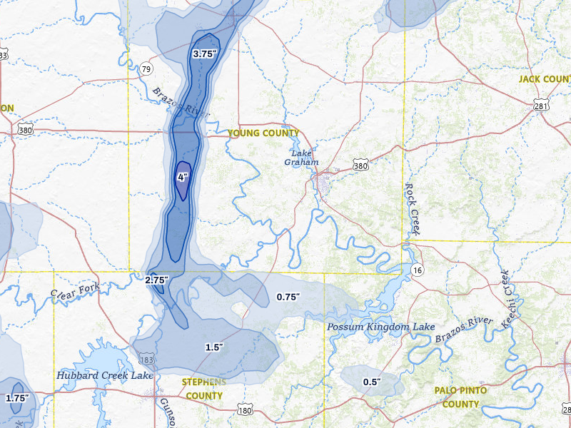 NEXRAD radar-signature map of the hail storm over Graham, TX on Jul 5, 2026