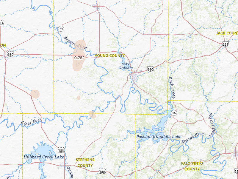 Radar-estimated hail-size map of the storm over Graham, TX on Jul 19, 2026
