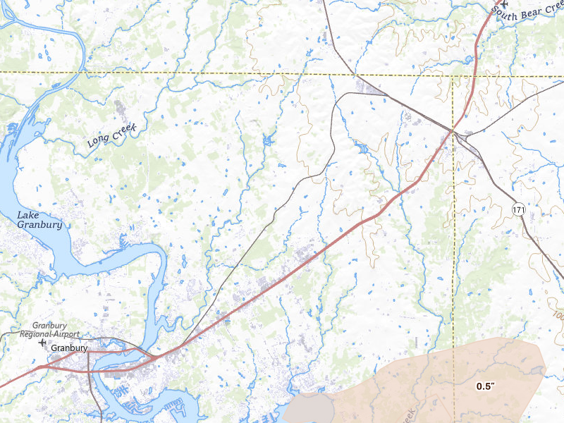 Radar-estimated hail-size map of the storm over Granbury, TX on Mar 4, 2026