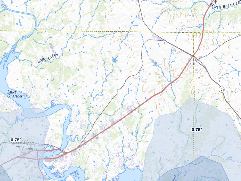 NEXRAD radar-signature map of the hail storm over Granbury, TX on Mar 4, 2026