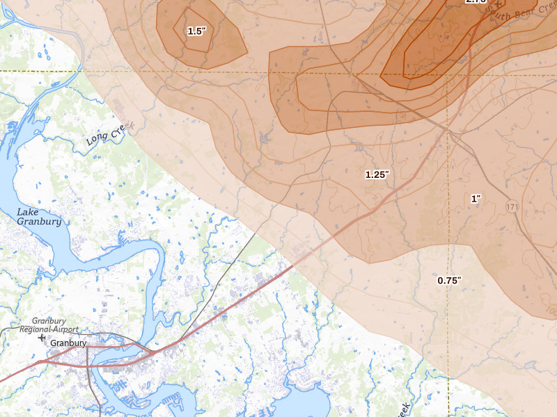 Radar-estimated hail-size map of the storm over Granbury, TX on Apr 28, 2026