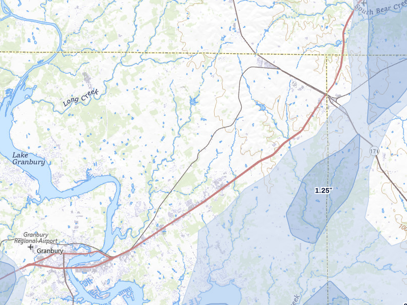 NEXRAD radar-signature map of the hail over Granbury, TX