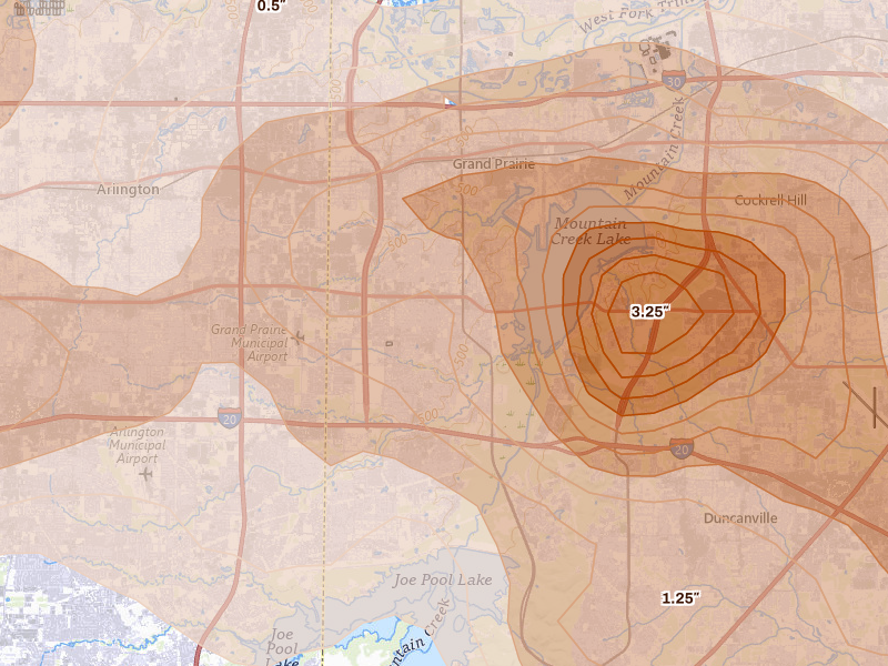 Radar-estimated hail-size map of the storm over Grand Prairie, TX on Apr 25, 2026