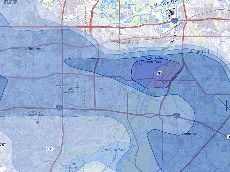 NEXRAD radar-signature map of the hail over Grand Prairie, TX