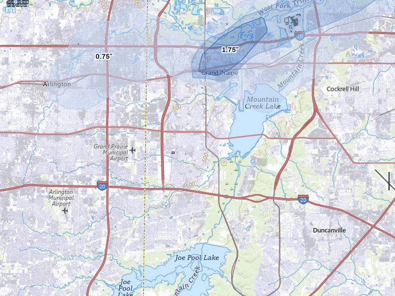 NEXRAD radar-signature map of the hail over Grand Prairie, TX
