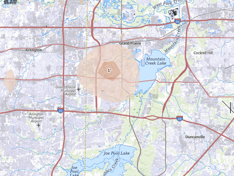 Radar-estimated hail-size map of the storm over Grand Prairie, TX on May 25, 2026