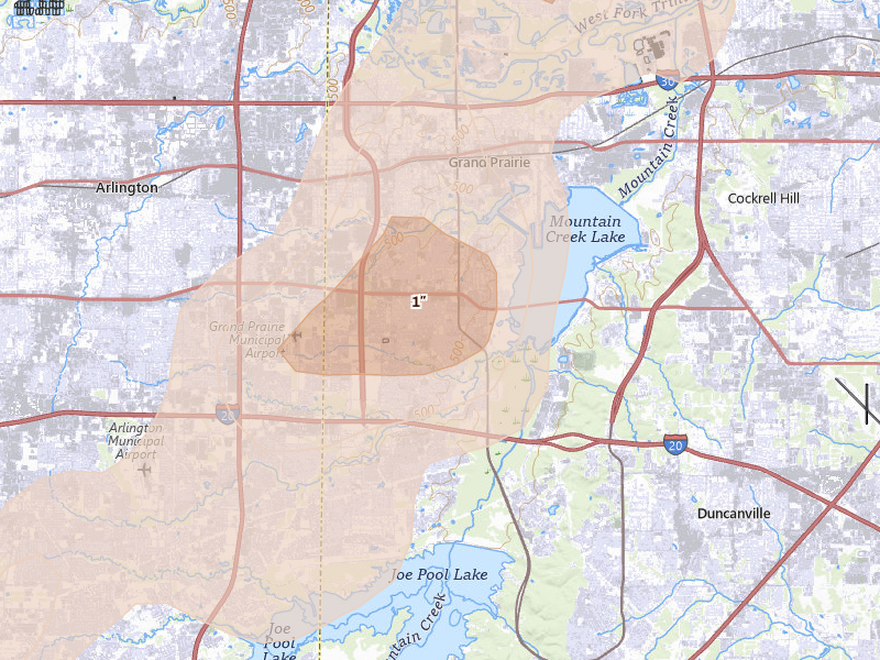 Radar-estimated hail-size map of the storm over Grand Prairie, TX on Jun 2, 2026