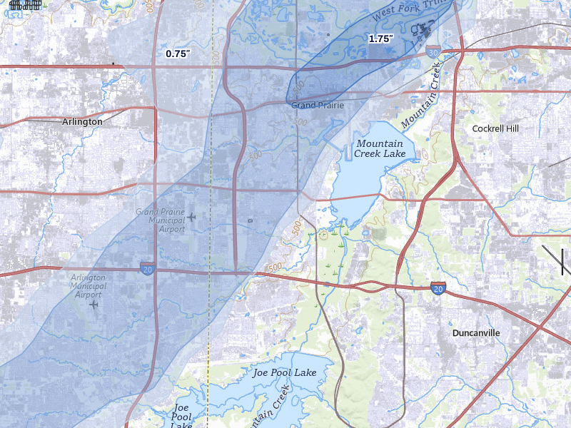NEXRAD radar-signature map of the hail over Grand Prairie, TX