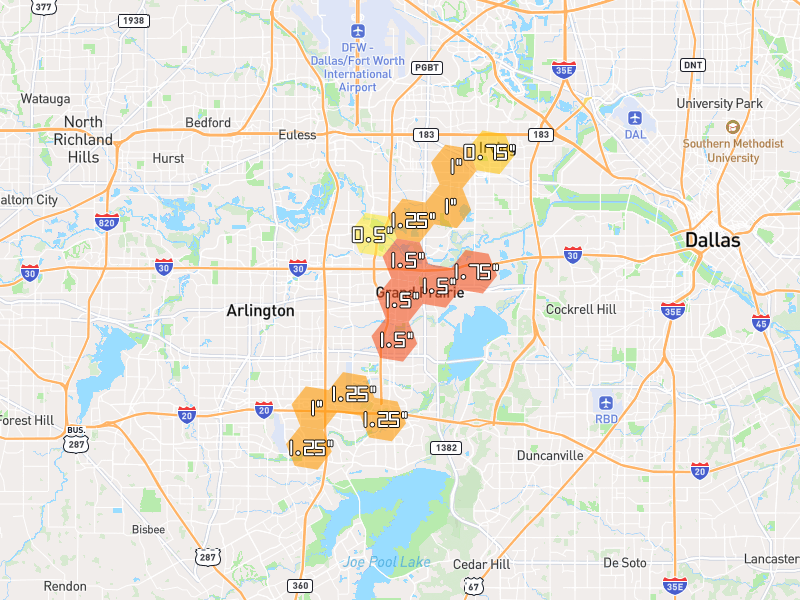 Hail map of Grand Prairie, TX on Jun 2, 2026, hail up to 1.75"