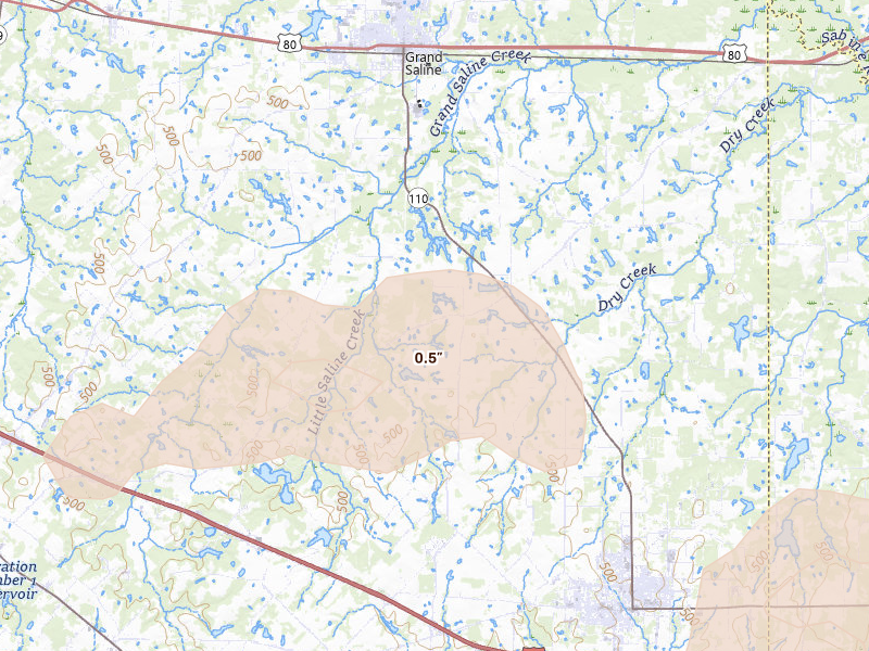 Radar-estimated hail-size map of the storm over Grand Saline, TX on Mar 15, 2026