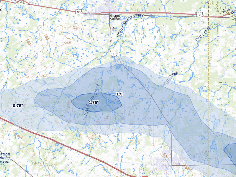 NEXRAD radar-signature map of the hail over Grand Saline, TX